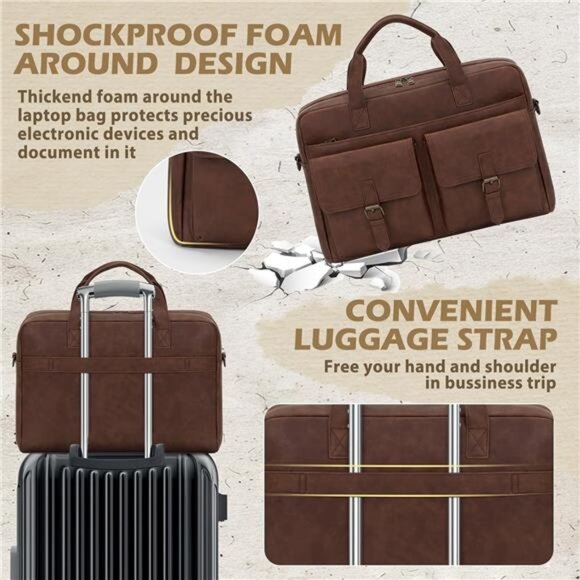 Mens Leather Laptop Bag 16 Inch Messenger Work Briefcase Shoulder Bag Brown - Picture 6 of 7
